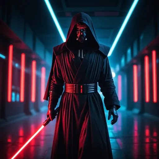 Prompt: A sith lord all dressed in black robe with red lightsaber in the hand. In a dark futuristic city. By night. Neon lights. Grain effect on image. Realistic photo.
