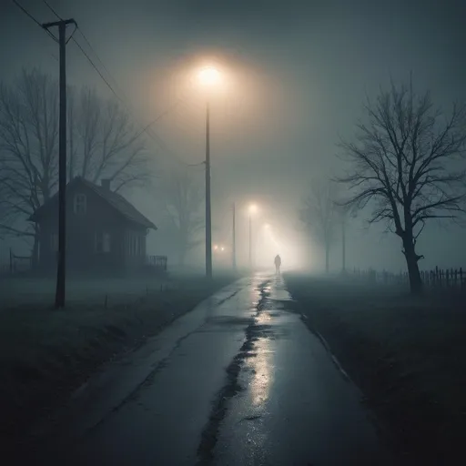 Prompt: Silent Hill. A town in the fog. Houses in the fog. Scary ambiance. A giant ctuhllu is standing in far distance deep in the fog. Dramatic and cinematographic light. Grain effect on image. Realistic photo.