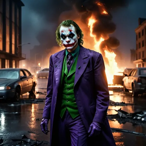 Prompt: Joker in his Dark Knight franchise outfit enjoying chaos. By night. In a destroyed burning city. Burning cars. Rainy weather. Dramatic and cinematographic light. Grain effect on image. Realistic photo.