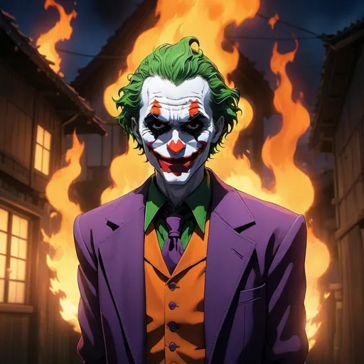Prompt: Joker from Batman as a character in a Studio Ghibli anime. Burning village. Dramatic and cinematographic light.