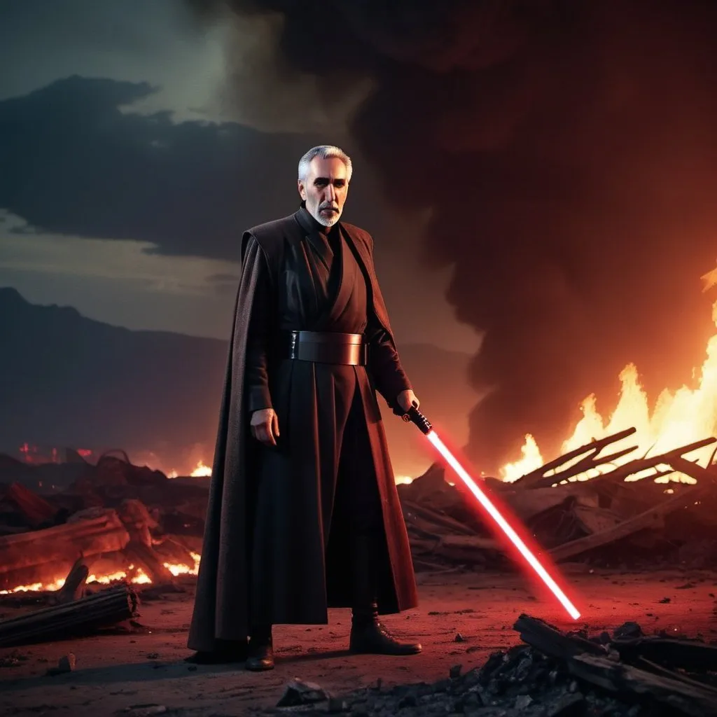 Prompt: Count Dooku standing menacingly with his red lightsaber in a destroyed burning landscape. By night. Grain effect on image. Realistic photo.