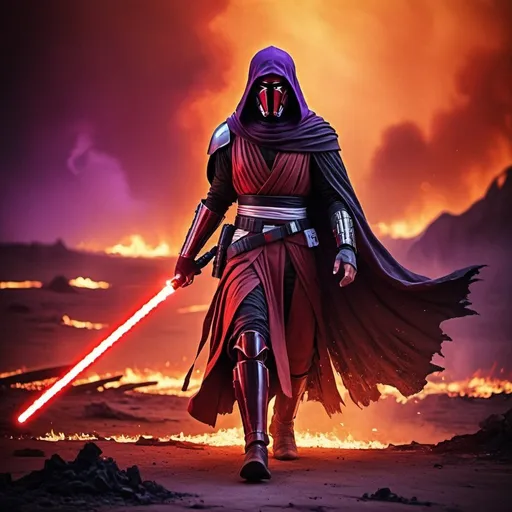 Prompt: Darth Revan walking through the flames by night. With his both lightsabers, a red and a purple. In a destroyed burning landscape. Grain effect on image. Realistic photo.
