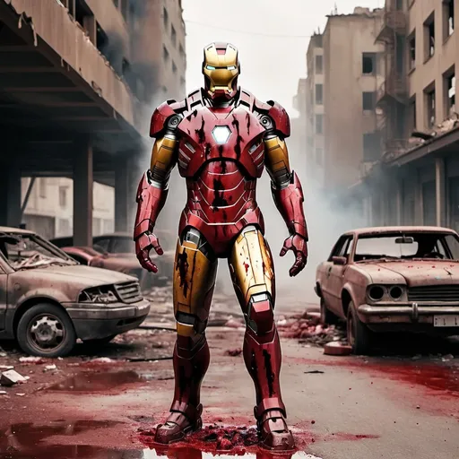 Prompt: Iron Man standing menacingly and covered in blood. In a destroyed post apocalyptic city with burning cars. Grain effect on image. Realistic photo.