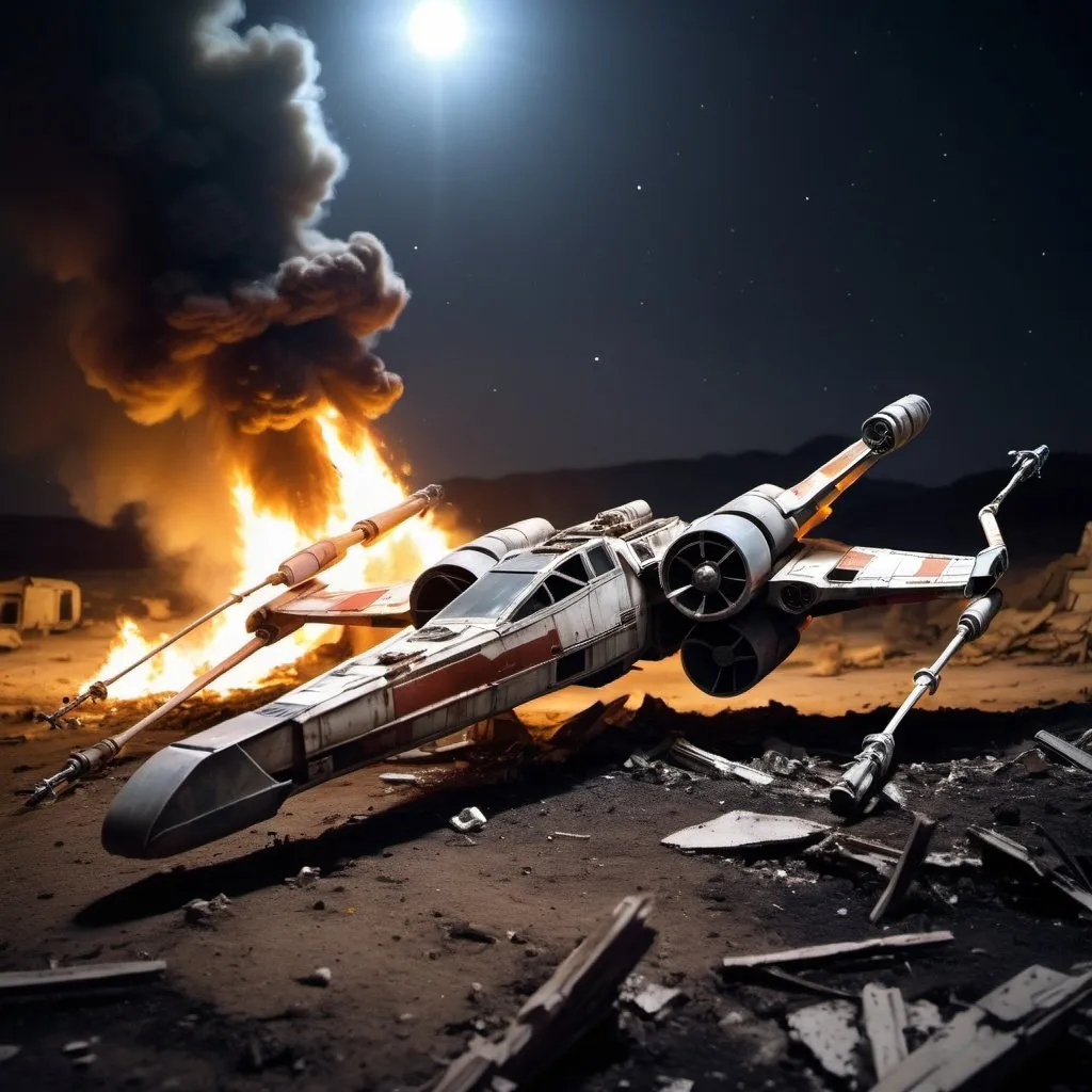 Prompt: A crashed X-wing from Star Wars burning in a destroyed landscape. By night. Grain effect on image. Realistic photo.