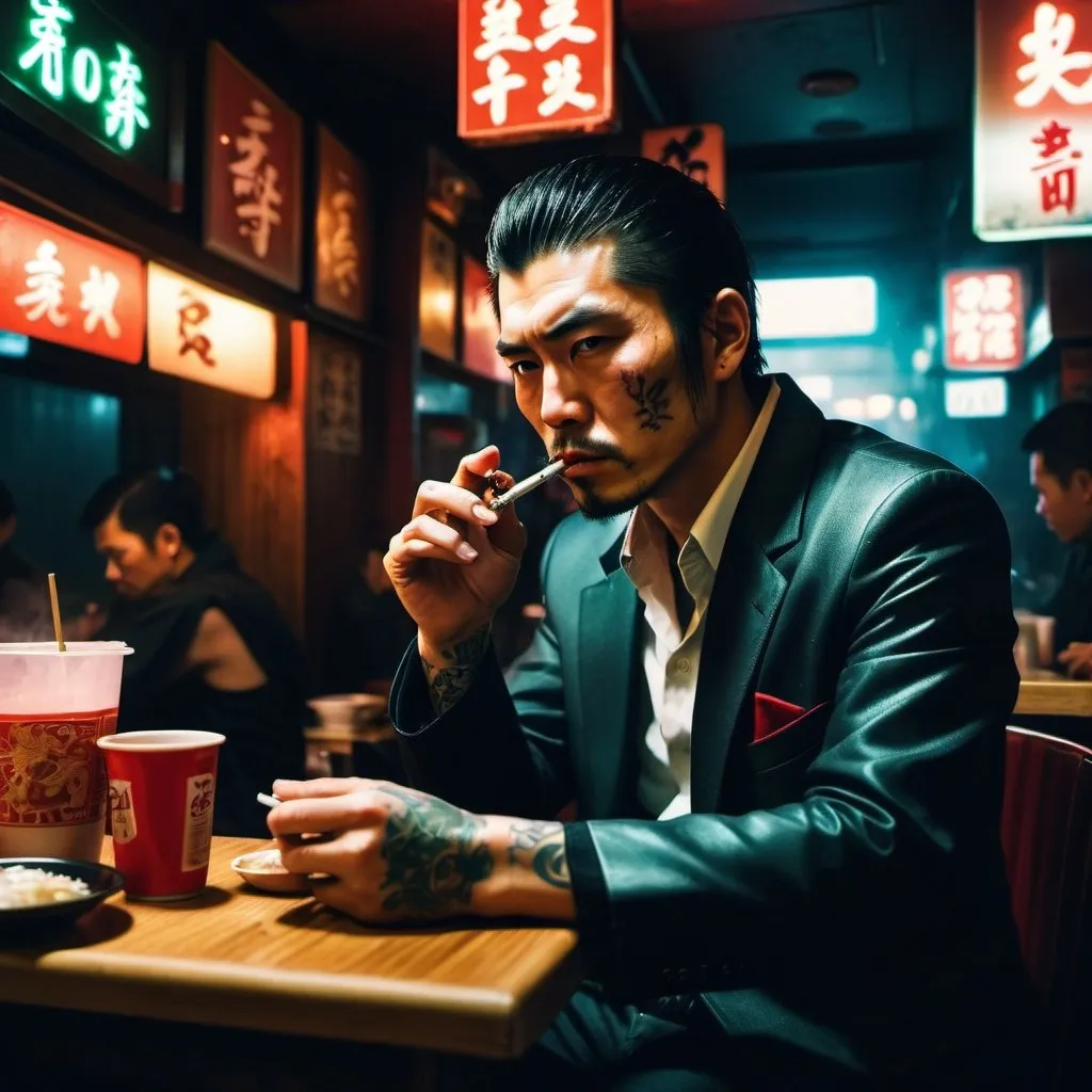 Prompt: A yakuza sitting in a crowded ramen restaurant and smoking a cigarette. A gun on the counter. By night. Neon lights. Few smoke in the air. Grain effect on image. Realistic photo.