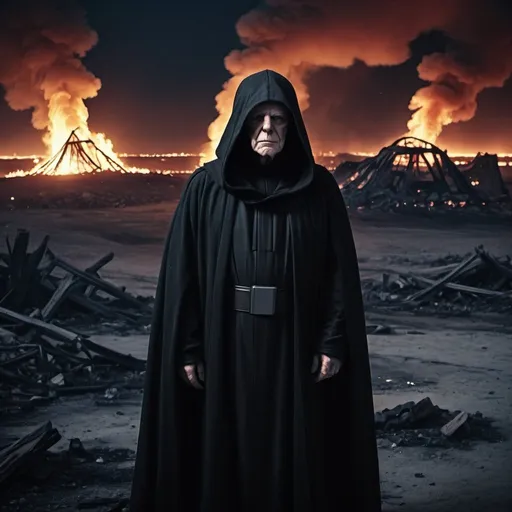 Prompt: Emperor Palpatine with hood on standing menacingly in a destroyed burning landscape. By night. Grain effect on image. Realistic photo.