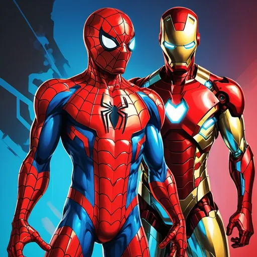 Prompt: Spiderman ans Iron Man in the style of an artwork from Persona 5. Vivid colors.