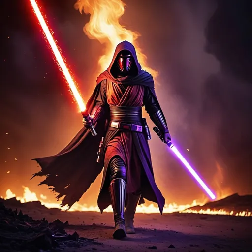 Prompt: Darth Revan walking through the flames with his two lightsabers. A red lightsaber in right hand pointing down. A purple lightsaber in left hand pointing down. By night. In a destroyed burning landscape. Grain effect on image. Realistic photo.
