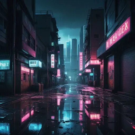 Prompt: A dark cyberpunk city with huge buildings. Dirty streets. Neon lights everywhere. Rainy weather. By night. Puddles of water on the floor. Grain effect on image. Realistic photo.