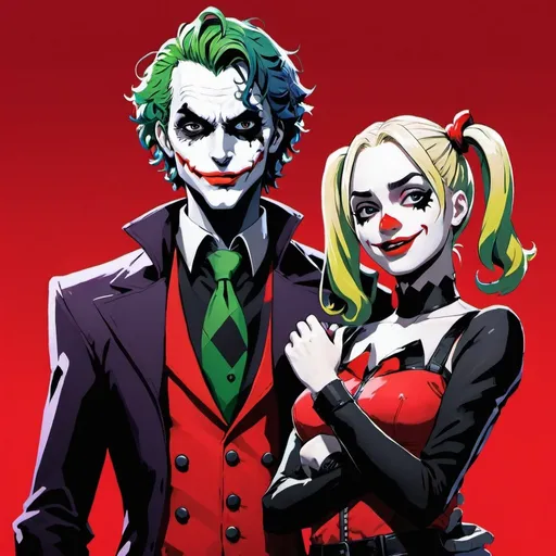 Prompt: Joker and Harley Quinn standing together as an artwork from Persona 5. Red background. Vivid colors.