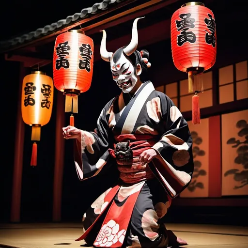 Prompt: A kabuki theatre scene with a dancer wearing hannya mask and traditionnal outfit. Traditionnal lanterns as lights. Realistic photo.