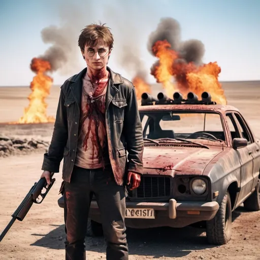 Prompt: Mad Harry Potter with a shotgun. Covered in blood. Mad Max style. In a deserted wasteland. Very hot weather. Burning car behind him. Grain effect on image. Realistic photo.