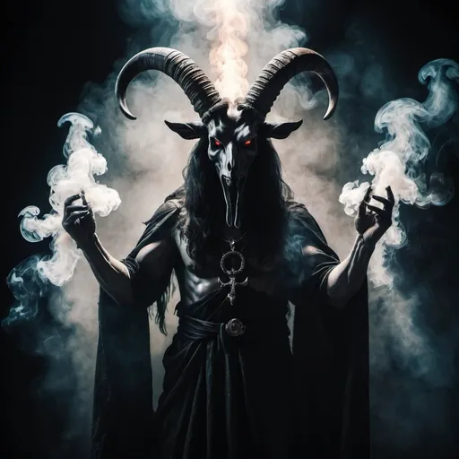 Prompt: Baphomet. Satanic. In a ritual. Dramatic and cinematographic light. Smoke in the air. Few lights. Grain effect on image. Realistic photo.