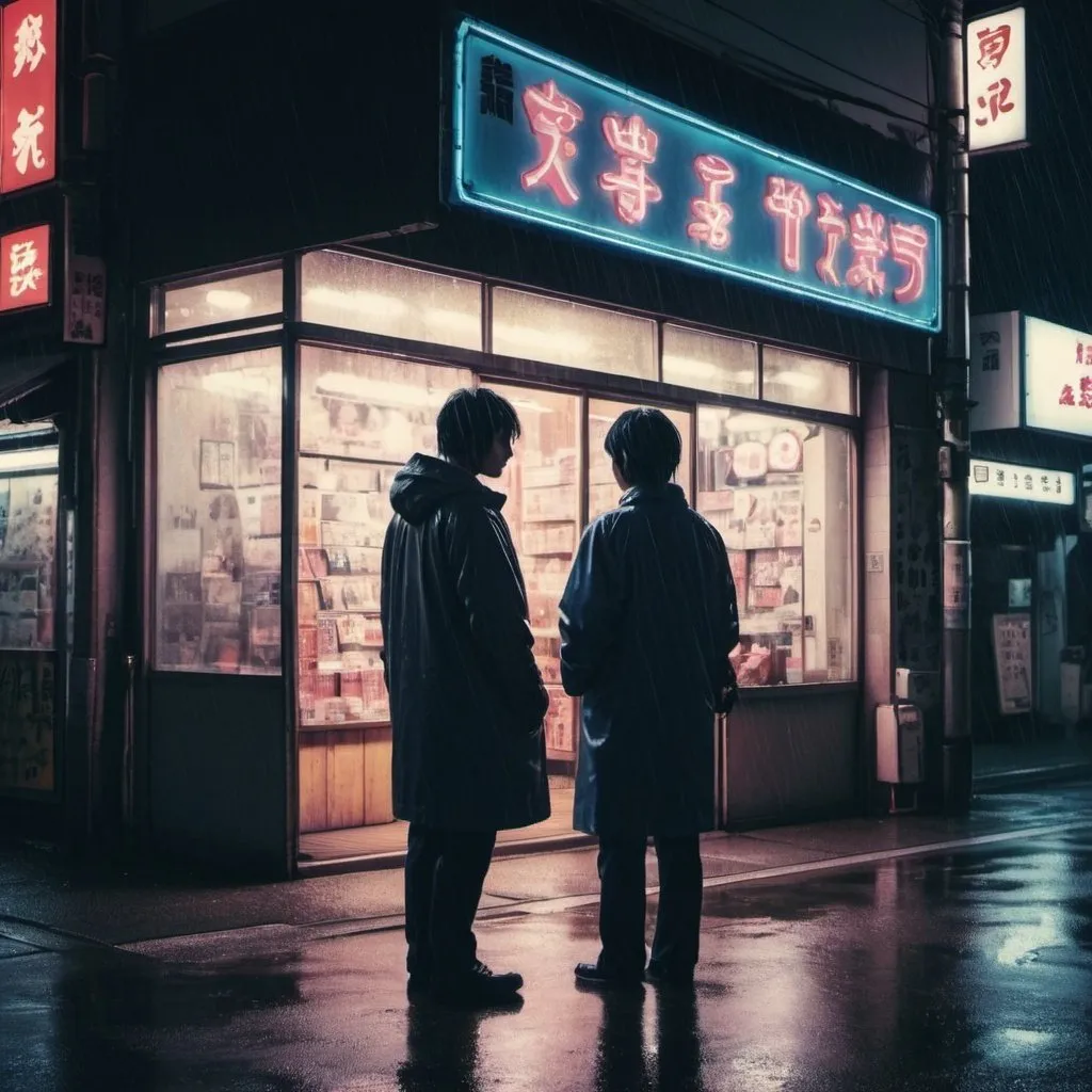 Prompt: Friend from 20th Century boys in japan in front of a store by night. Neon lights. Rainy weather. Grain effect on image. Realistic photo.