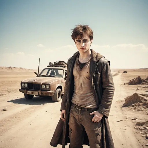 Prompt: Harry Potter in the style of Mad Max. In a deserted and dangerous wasteland. Sunny and very hot weather. Grain effect on image. Realistic photo.