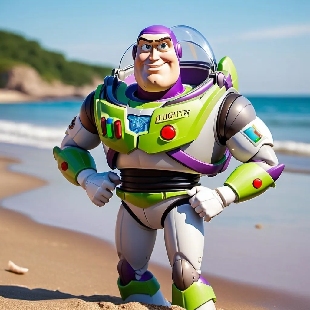 Prompt: Buzz lightyear as a human in swimsuit on a beach. Muscular and oiled body. Sunny weather. Realistic photo.