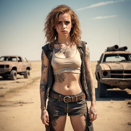 Prompt: Hermione Granger in the style of Mad Max. Tattooed. In a deserted and dangerous wasteland. Sunny and very hot weather. Grain effect on image. Realistic photo.