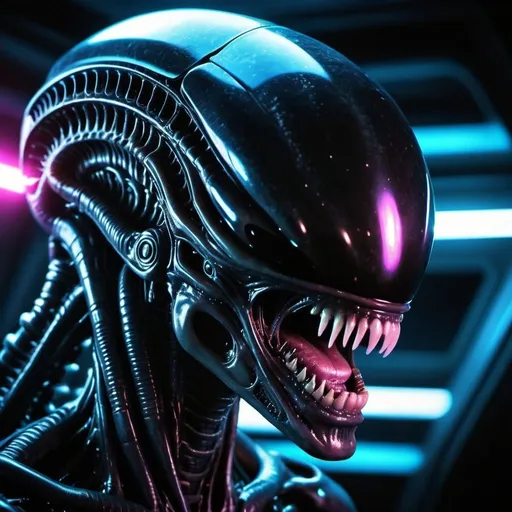 Prompt: Ultra realistic close up of the xenomorph face from the alien franchise. By night. Neon lights. In a space ship. Grain effect on image. Realistic photo.