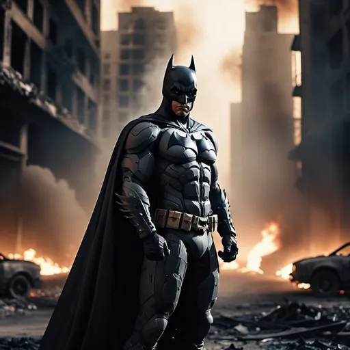 Prompt: Batman with his Dark Knight franchise outfit standing menacingly in a dark destroyed burning city. Burning cars. Blurry background. Dust and smoke in the air. Dramatic and cinematographic light. Grain effect on image. Realistic photo.