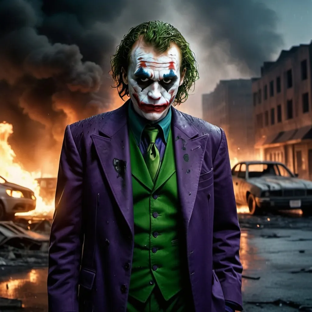 Prompt: Joker in his Dark Knight franchise outfit enjoying chaos. By night. In a destroyed burning city. Burning cars. Rainy weather. Dramatic and cinematographic light. Grain effect on image. Realistic photo.
