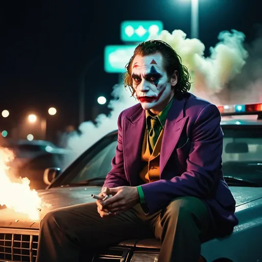 Prompt: Joaquin Phoenix as the Joker sitting on a police car during a riot by night. Smoking a cigarette. Burning cars. People everywhere. Dramatic and cinematographic light. Grain effect on image. Realistic photo.