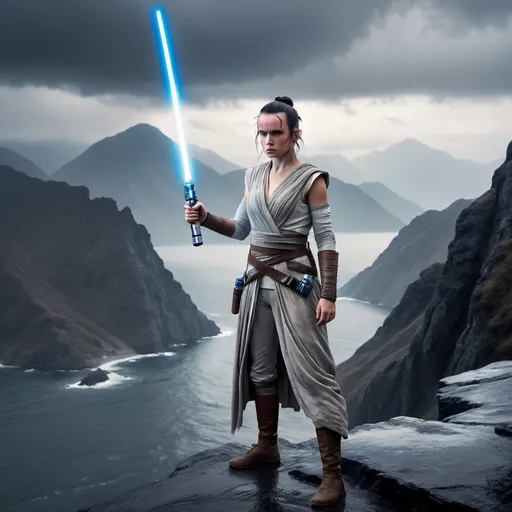 Prompt: Rey from Star Wars standing with a blue lightsaber in hand pointing down. In mountains above the sea. Grey weather with clouds. Grain effect on image. Realistic photo.