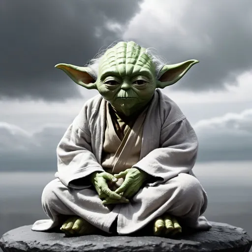 Prompt: Master Yoda sitting in meditation on his planet. Grey weather with clouds. Grain effect on image. Realistic photo.