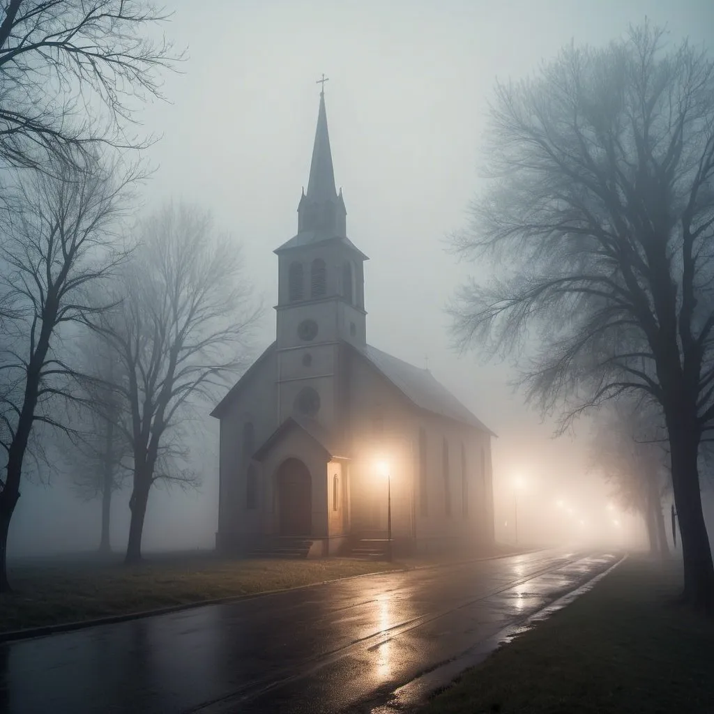 Prompt: Silent Hill. A town in the fog. Houses in the fog. Scary ambiance. A church in the fog. Dramatic and cinematographic light. Grain effect on image. Realistic photo.