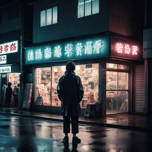 Prompt: Friend from 20th Century boys in japan in front of a store by night. Neon lights. Rainy weather. Grain effect on image. Realistic photo.