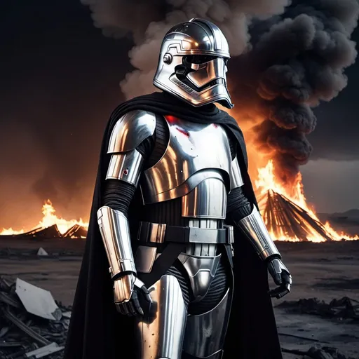 Prompt: Captain Phasma from Star Wars standing menacingly in a destroyed burning landscape. By night. Grain effect on image. Realistic photo.