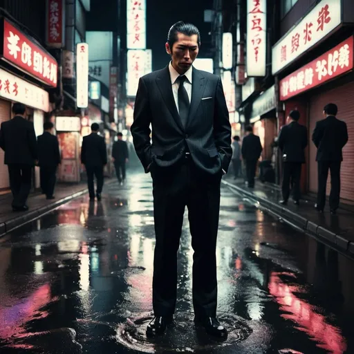 Prompt: A yakuza in a black suit smoking a cigarette in the streets of kabukicho by night with neon lights and puddles of water on the floor. Grain effect on image. Realistic photo.