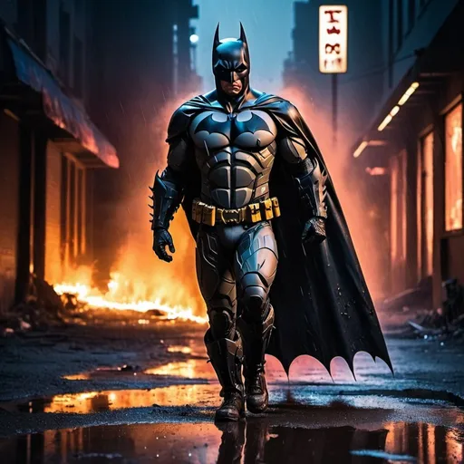 Prompt: Batman with his suit from the dark knight franchise walking through the fire and flames by night. Neon lights. In the streets of a deserted post apocalyptic city. Rainy weather with puddles of water on the floor. Grain effect on image. Realistic photo.
