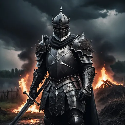 Prompt: A dark fantasy knight in a dark armor. Brambles crown on his helmet. Holding a giant sword in his hand. Blood on the sword and the Armor. Burning village behind him at night. Dead enemies on the floor. Grey and rainy weather with clouds. Granular effect. Realistic photo.