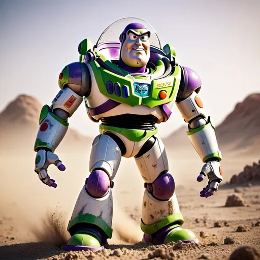 Prompt: Angry Buzz lightyear with a broken armor covered in dust on a desert apocalyptic planet. Granular effect. Realistic photo.