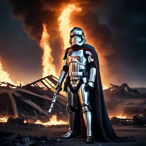 Prompt: Captain Phasma from Star Wars standing menacingly in a destroyed burning landscape. By night. Grain effect on image. Realistic photo.