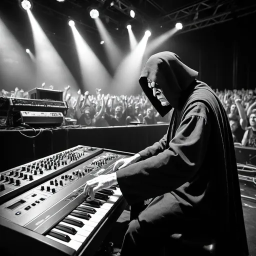 Prompt: Palpatine playing keys on stage during a metal concert. Black and white. View from a fisheye camera.