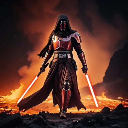 Prompt: Darth Revan walking through the flames by night. In a destroyed burning landscape. Grain effect on image. Realistic photo.