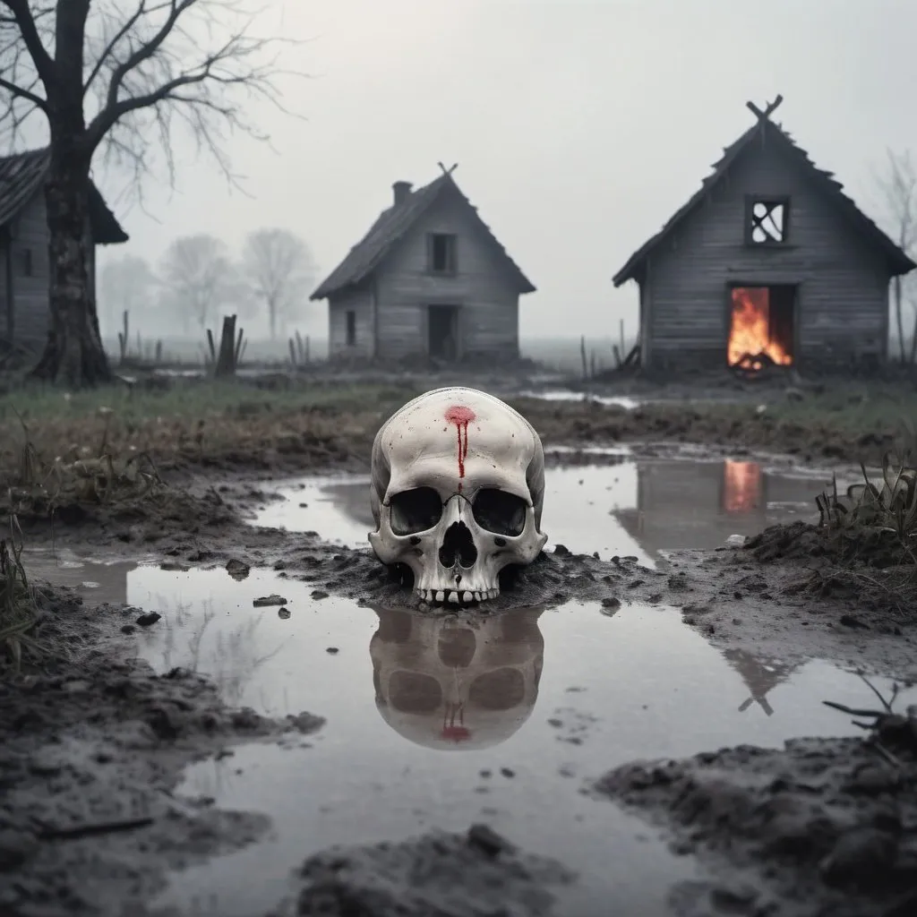 Prompt: Outdoor battlefield with mud, blood and puddles. Skull and bones on the floor. A burning village behind. Foggy. Grey and rainy weather with clouds. Grain film effect. Realistic photo.