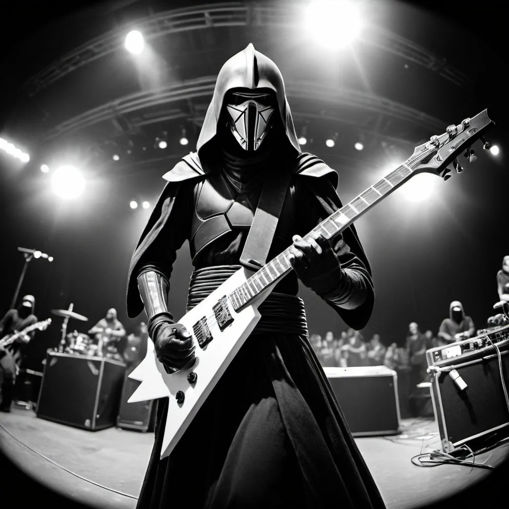 Prompt: Darth Revan as a metal guitarist on stage during a concert. Black and white. View from a fisheye camera.