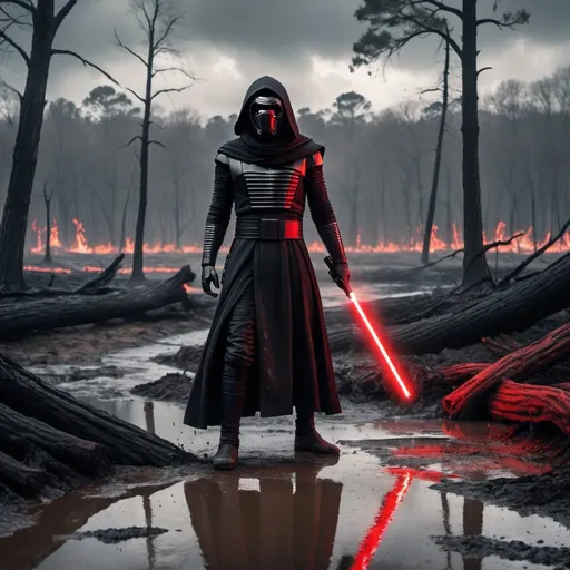 Prompt: Kylo ren standing menacingly with his red lightsaber in hand, pointing down. Destroyed landscape and burning trees behind him. Dark and grey weather with clouds. Puddles of water and mud on the floor. Grain effect on image. Realistic photo.