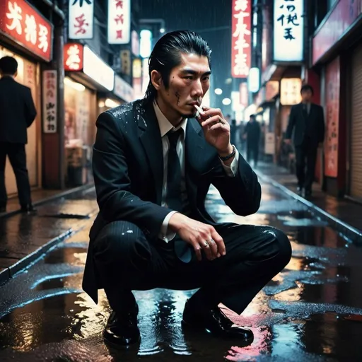 Prompt: A yakuza in a black suit smoking a cigarette in the streets of kabukicho by night with neon lights and puddles of water on the floor. Grain effect on image. Realistic photo.