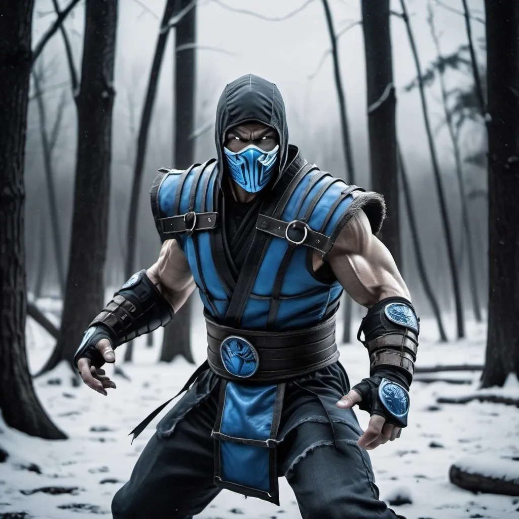 Prompt: Sub zero from Mortal Kombat franchise ready to fight. In a dark forest with dead trees and snow. Grey weather with clouds. Grain effect on image. Realistic photo.