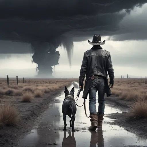 Prompt: A lone wanderer wearing a cowboy hat and a leather jacket viewed from the back. Walking in a deserted post apocalyptic landscape. With a dog on his side viewed from the back. Holding a gun in his hand. Dark, grey and rainy weather with clouds. Puddles of water on the floor. Grain effect on image. Realistic photo.