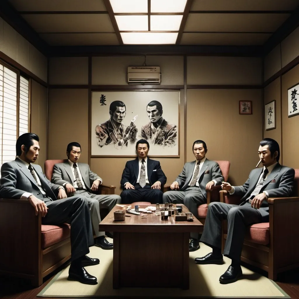 Prompt: A yakuza office with four yakuza members on comfy chairs. They are smoking cigarettes. In front of them there is a table with weapons on it. The image looks like it's old and taken in the 70's. Realistic photo.