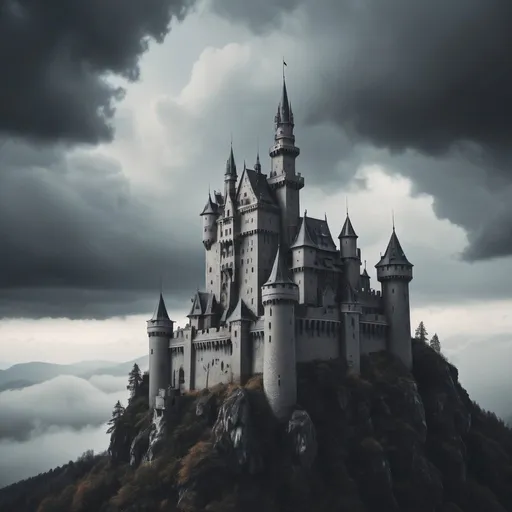 Prompt: A huge dark fantasy castle on the top of a moutain with clouds, grey weather. Realistic photo. Grain film effect.