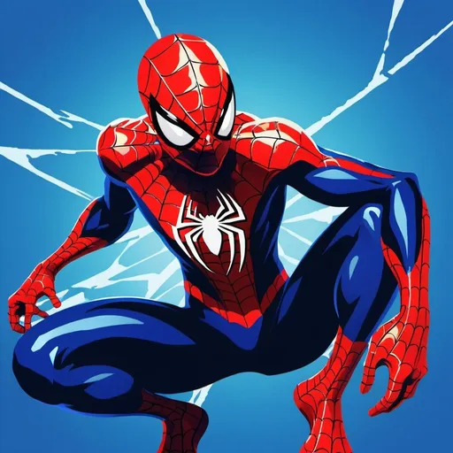 Prompt: Spiderman in the style of an artwork from Persona 3 Reload. Blue background. Vivid colors.