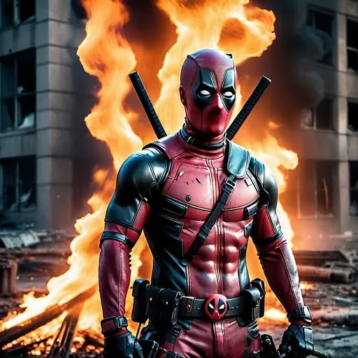 Prompt: Deadpool through fire and flames with katanas. In a dark destroyed post apocalyptic city burning. Grain effect on image. Realistic photo.