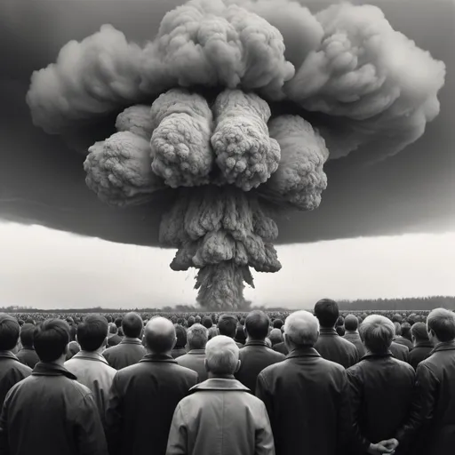 Prompt: Many people viewed from the back watching in far distance an atomic explosion. Grey and rainy weather. Grain effect on image. Realistic photo.