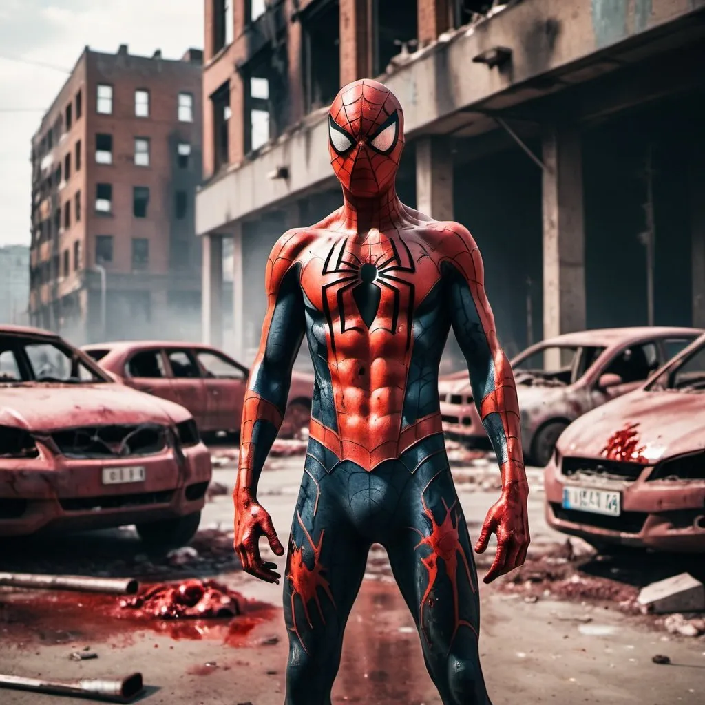 Prompt: Spiderman standing menacingly and covered in blood. In a destroyed post apocalyptic city with burning cars. Grain effect on image. Realistic photo.