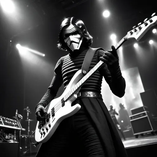 Prompt: Kylo Ren as a metal bassist on stage during a concert. Black and white. View from a fisheye camera.